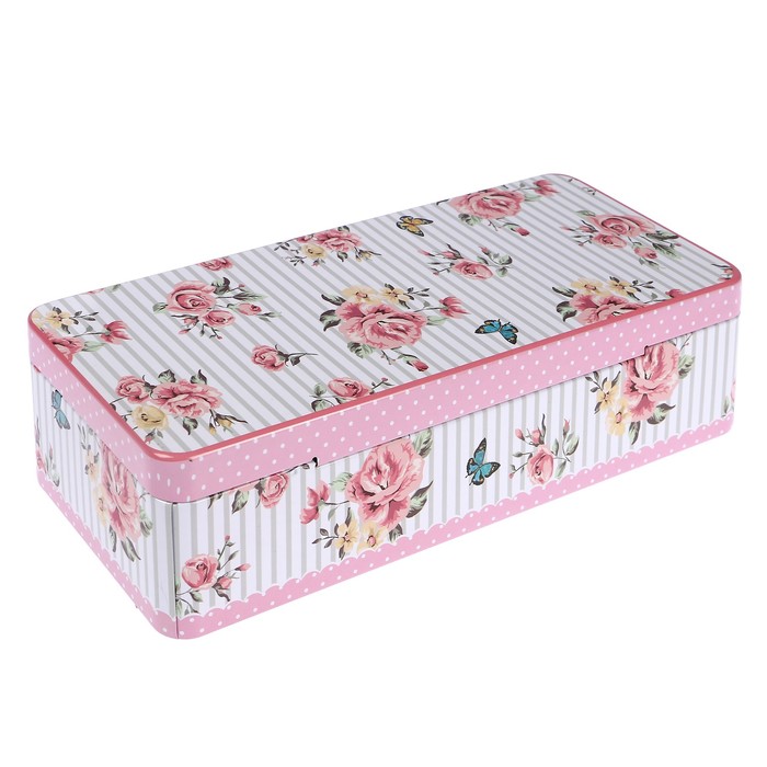 Шкатулка металл прямоугольник "Розы, горошек и полоски" (набор 4 штуки) 6,5х25х11 см