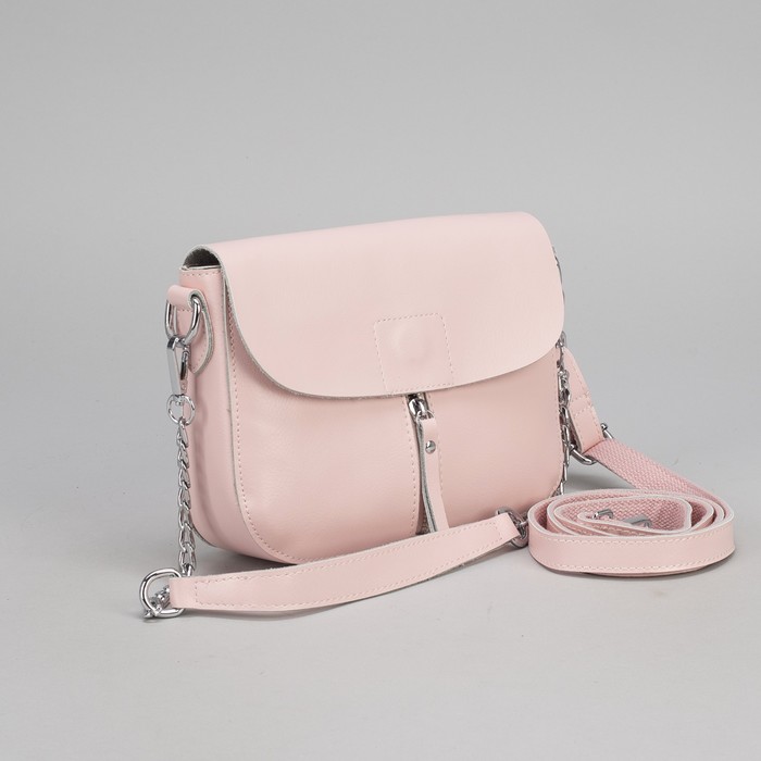 Сумка женская, отдел на молнии, 2 наружных кармана, цепь, длинный ремень, цвет пудровый