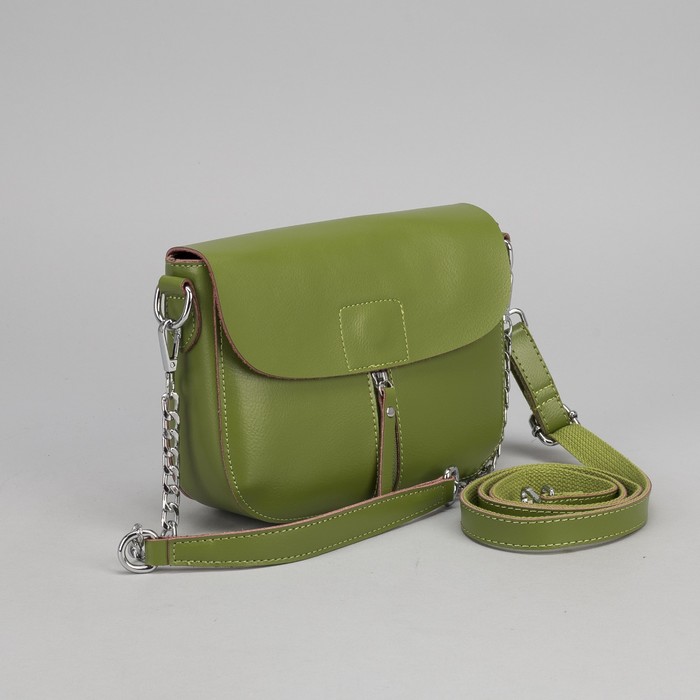 Сумка женская, отдел на молнии, 2 наружных кармана, цепь, длинный ремень, цвет зелёный