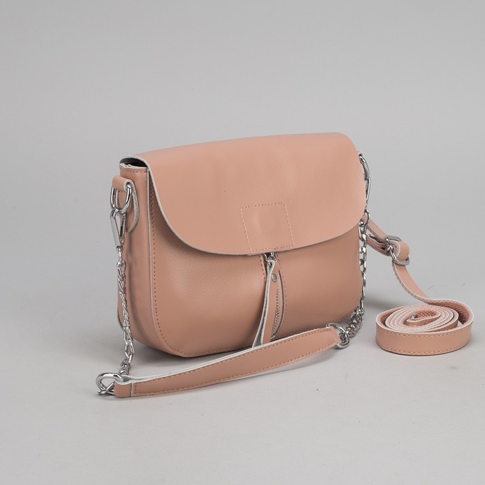 Сумка женская, отдел на молнии, 2 наружных кармана, цепь, длинный ремень, цвет розовый