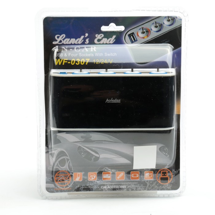 Разветвитель прикуривателя TORSO, на проводе, 4 входа + USB, с выключателем, чёрный