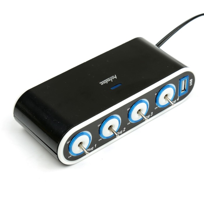 Разветвитель прикуривателя TORSO, на проводе, 4 входа + USB, с выключателем, чёрный