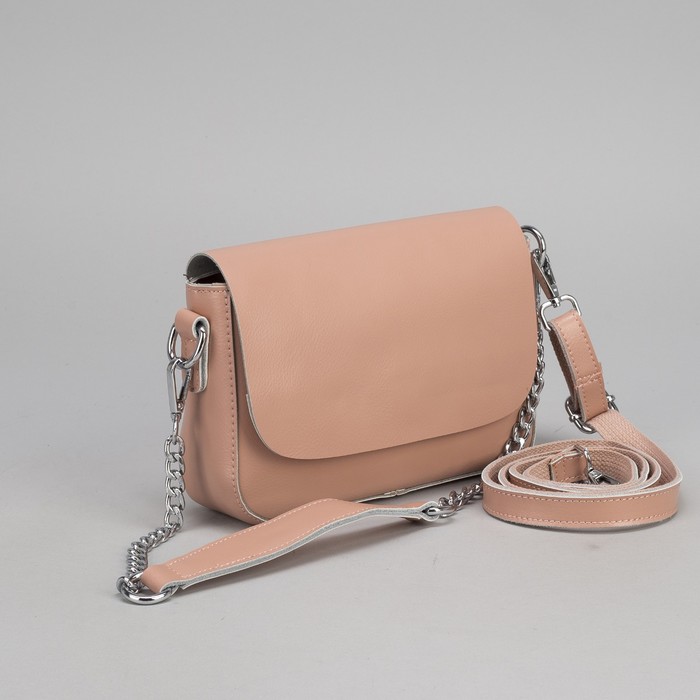 Сумка женская, отдел с перегородкой на молнии, наружный карман, цепь, длинный ремень, цвет персиковый