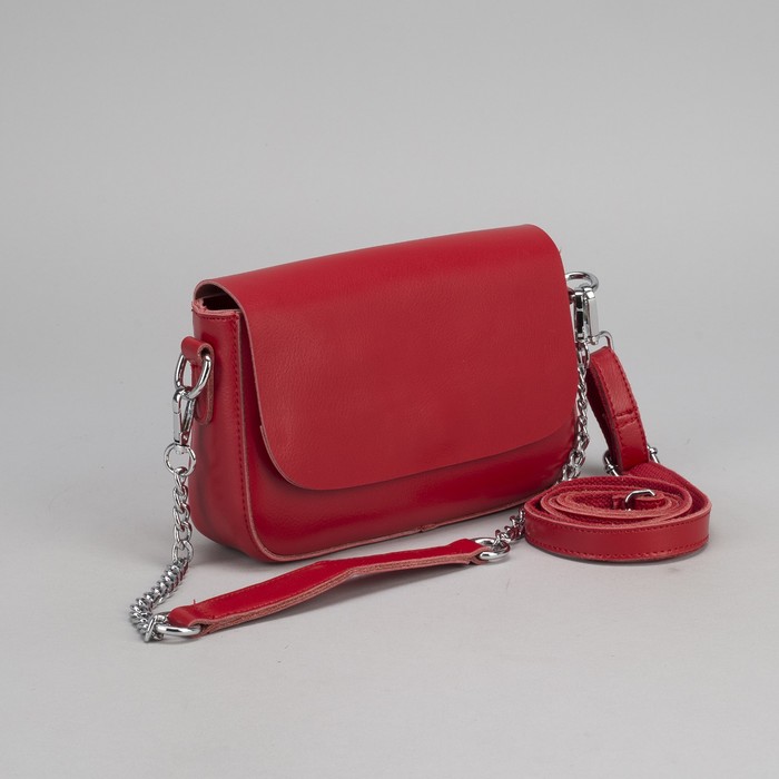 Сумка женская, отдел с перегородкой на молнии, наружный карман, цепь, длинный ремень, цвет красный