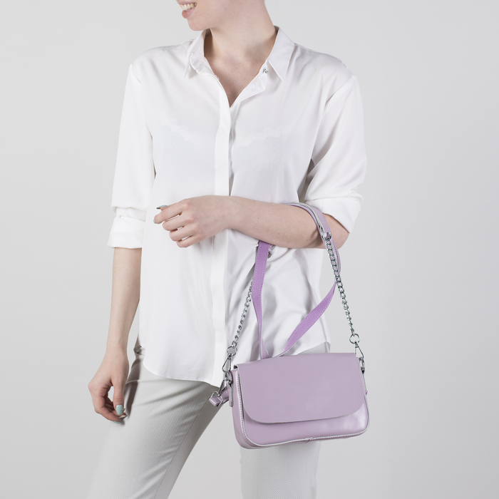Сумка женская, отдел с перегородкой на молнии, наружный карман, цепь, длинный ремень, цвет сиреневый
