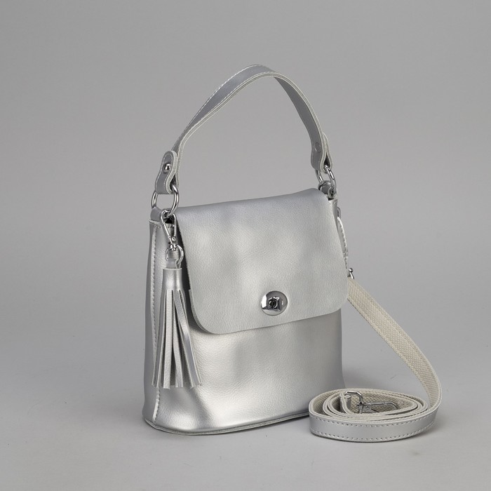 Сумка женская, отдел на молнии, наружный карман, длинный ремень, цвет серебристый