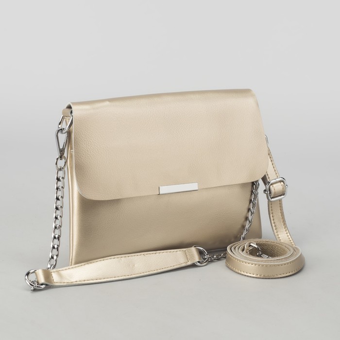 Сумка женская, отдел, 2 наружных кармана, цепь, длинный ремень, цвет золотой