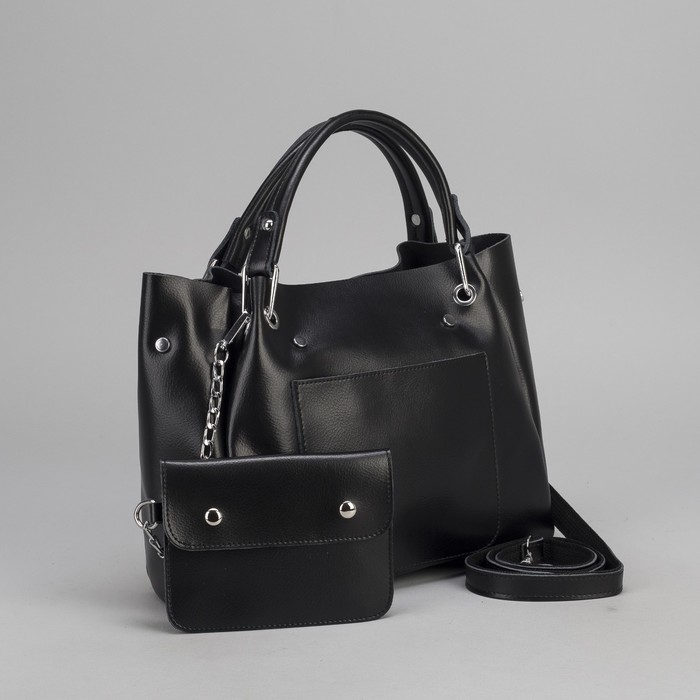 Сумка женская, отдел на молнии, наружный карман, длинный ремень, с кошельком, цвет чёрный