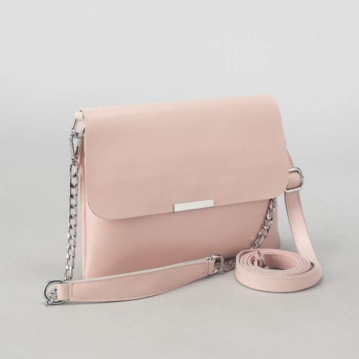 Сумка женская, отдел, 2 наружных кармана, цепь, длинный ремень, цвет персиковый