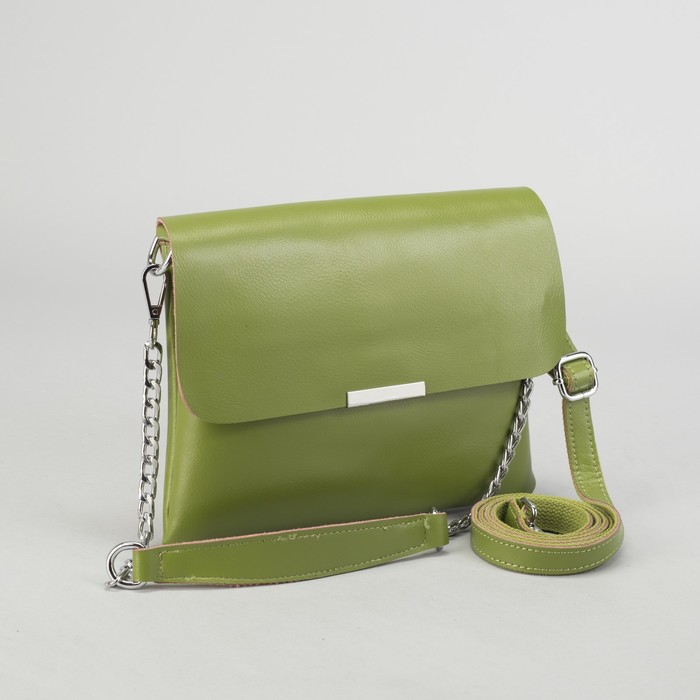 Сумка женская, отдел, 2 наружных кармана, цепь, длинный ремень, цвет оливковый