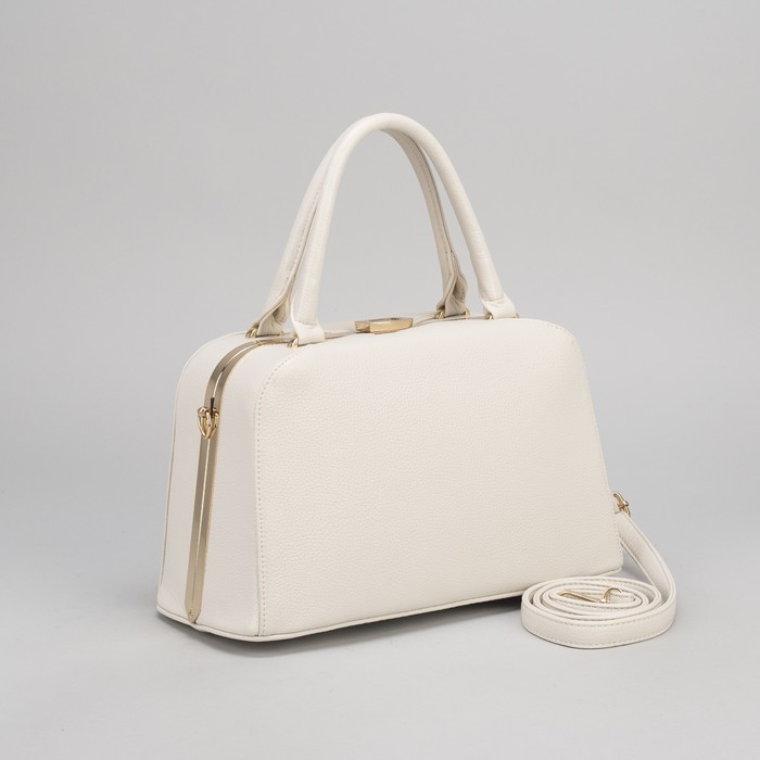 Сумка женская, 2 отдела на фермуаре, наружный карман, длинный ремень, цвет бежевый