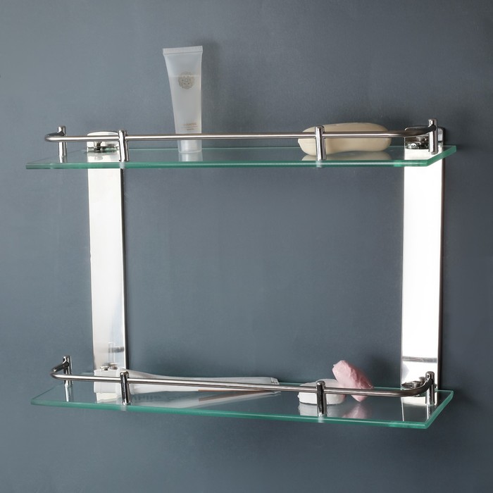 Полка 2х-ярусная для ванной комнаты, нерж.сталь, стекло 40х12х30 см