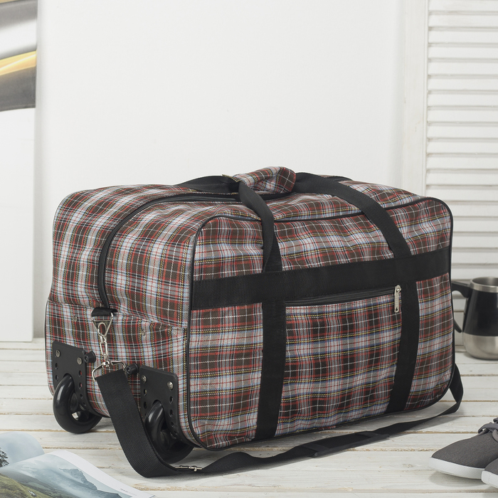 Сумка дорожная на колесах, 1 отдел, наружный карман, клетка белый/красный