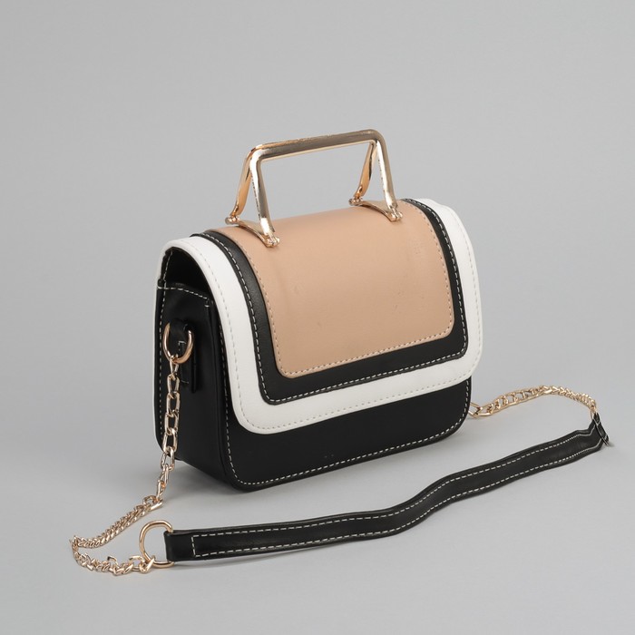 Сумка женская, отдел на молнии, длинная цепь, цвет чёрный/бежевый