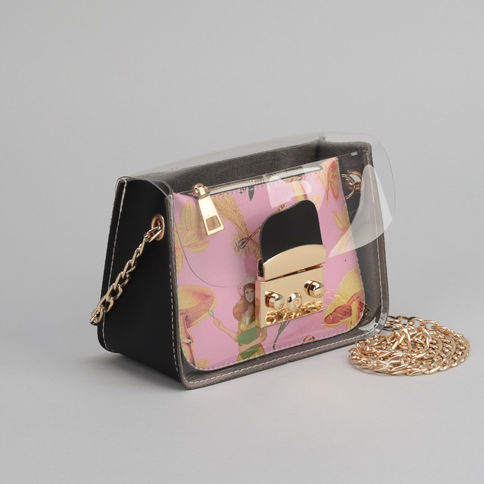 Сумка женская, отдел на замке, с кошельком, длинная цепь, цвет чёрный