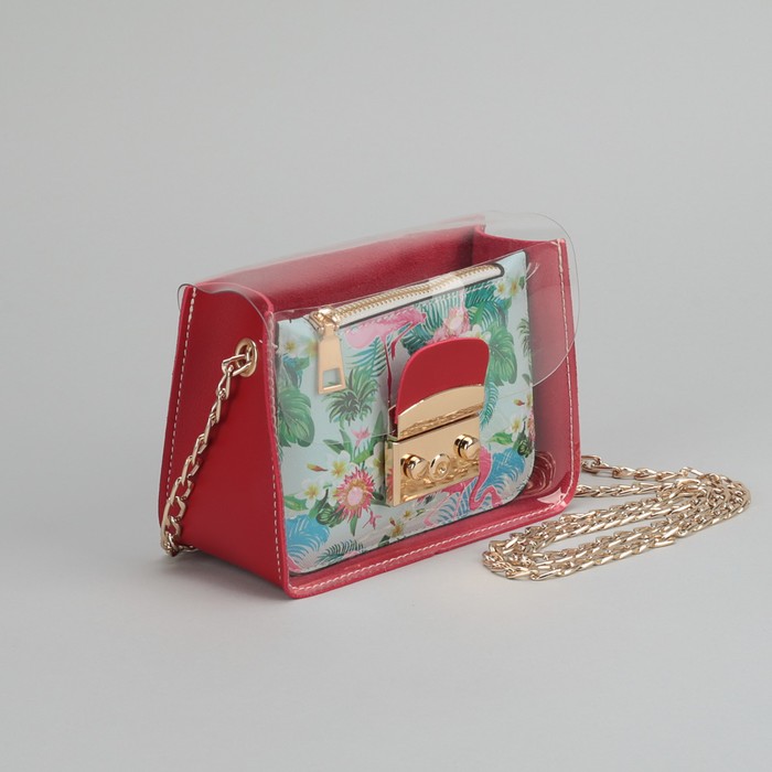 Сумка женская, отдел на замке, с кошельком, длинная цепь, цвет красный