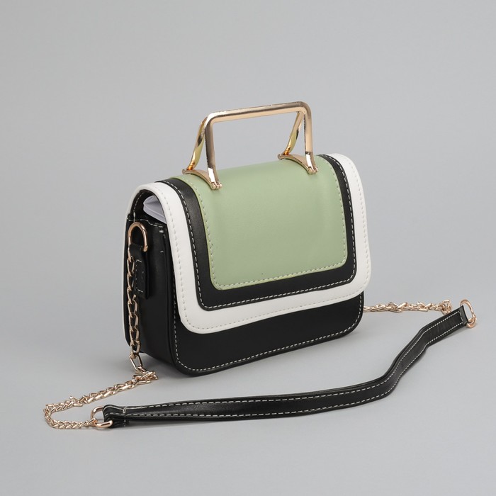 Сумка женская, отдел на молнии, длинная цепь, цвет чёрный/мятный