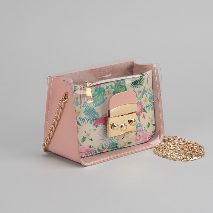 Сумка женская, отдел на замке, с кошельком, длинная цепь, цвет пудровый