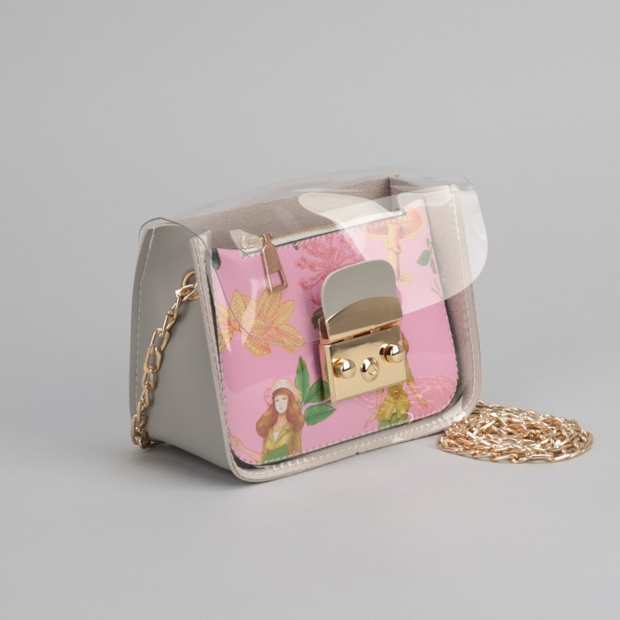 Сумка женская, отдел на замке, с кошельком, длинная цепь, цвет серый