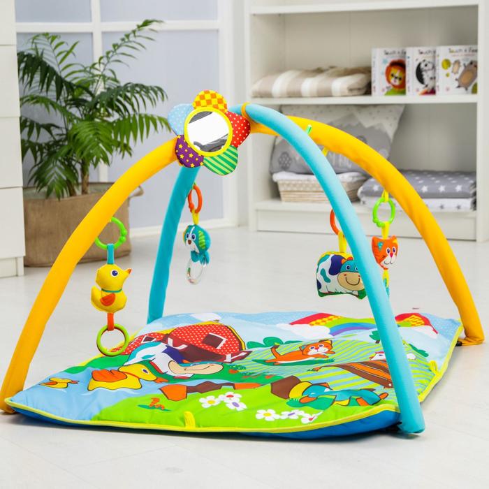 Коврик развивающий с дугами «Ферма», 4 игрушки + безопасное зеркальце