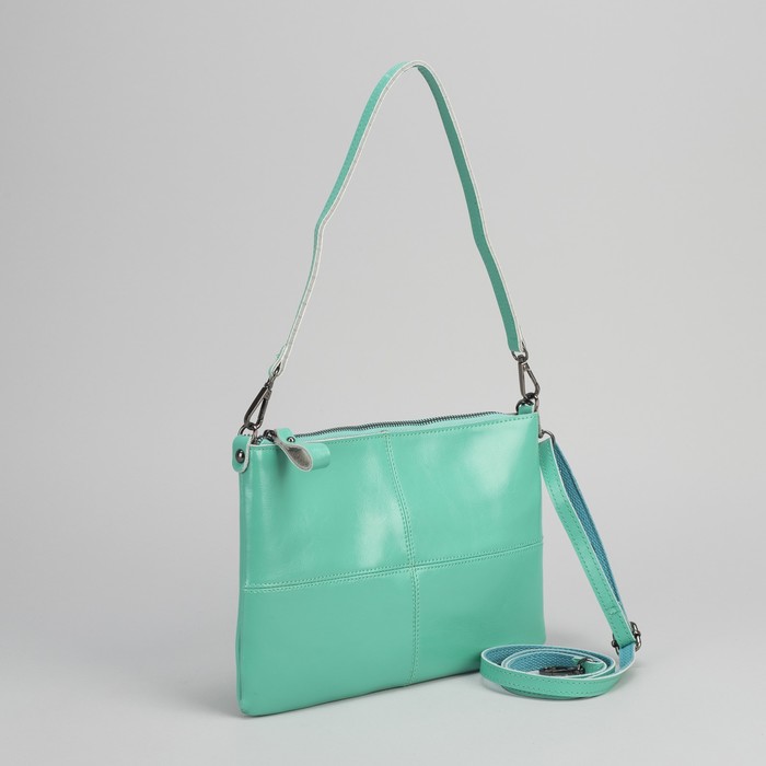 Клатч женский, отдел на молнии, наружный карман, длинный ремень, цвет бирюзовый