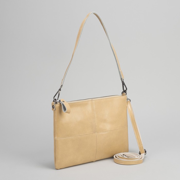 Клатч женский, отдел на молнии, наружный карман, длинный ремень, цвет бежевый