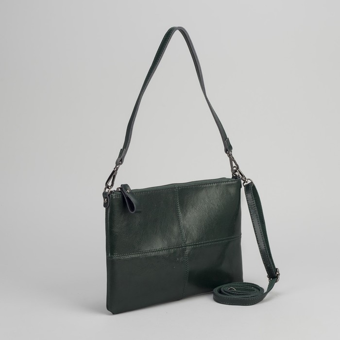 Клатч женский, отдел на молнии, наружный карман, длинный ремень, цвет зелёный