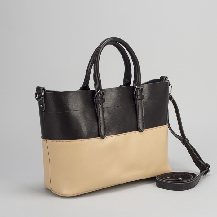 Сумка женская, отдел с перегородкой на молнии, наружный карман, длинный ремень, цвет бежевый/коричневый