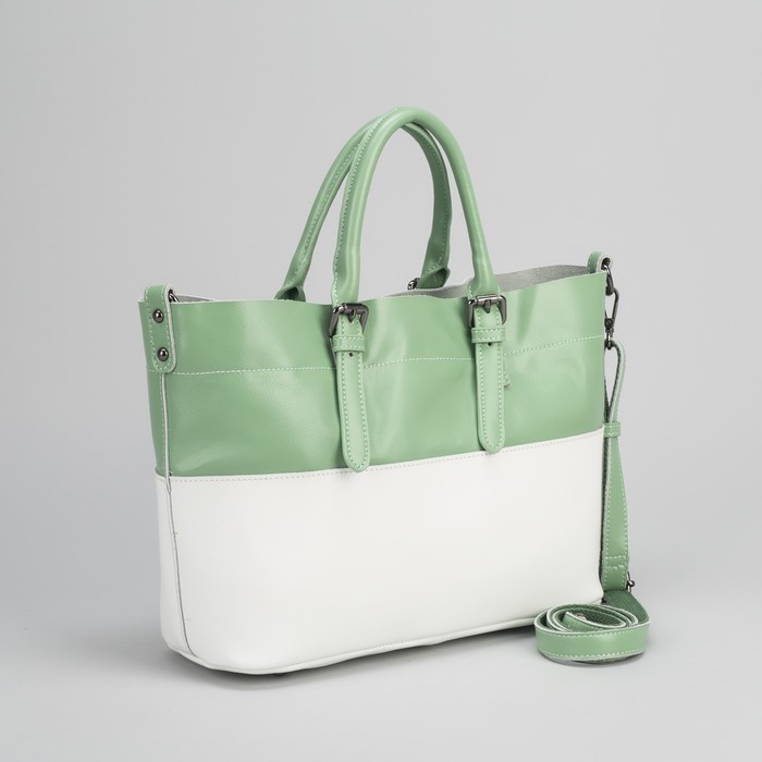 Сумка женская, отдел с перегородкой на молнии, наружный карман, длинный ремень, цвет зелёный/белый