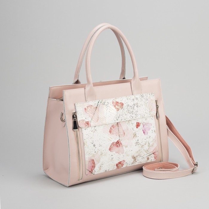 Сумка женская, отдел на молнии, 4 наружных кармана, длинный ремень, цвет пудровый