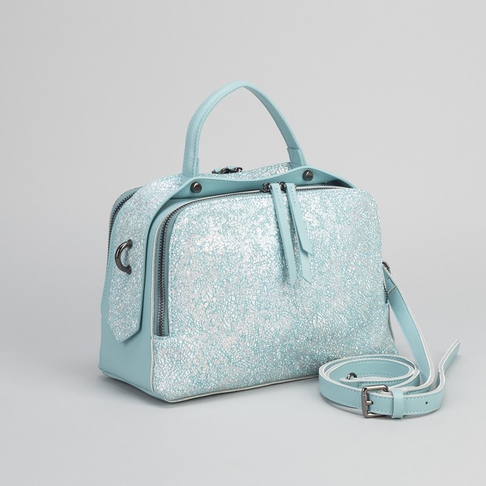 Сумка женская, замша, 2 отдела на молнии, наружный карман, длинный ремень, цвет голубой