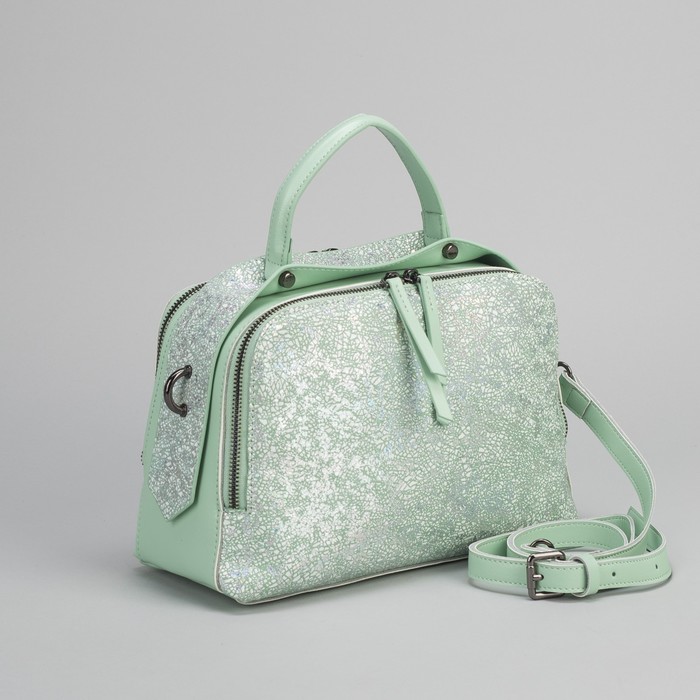 Сумка женская, замша, 2 отдела на молнии, наружный карман, длинный ремень, цвет мятный