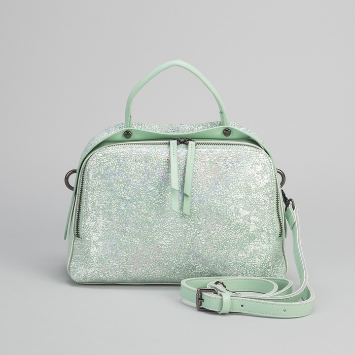 Сумка женская, замша, 2 отдела на молнии, наружный карман, длинный ремень, цвет мятный