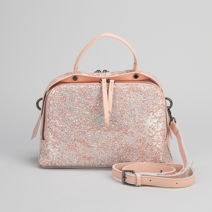 Сумка женская, замша, 2 отдела на молнии, наружный карман, длинный ремень, цвет розовый