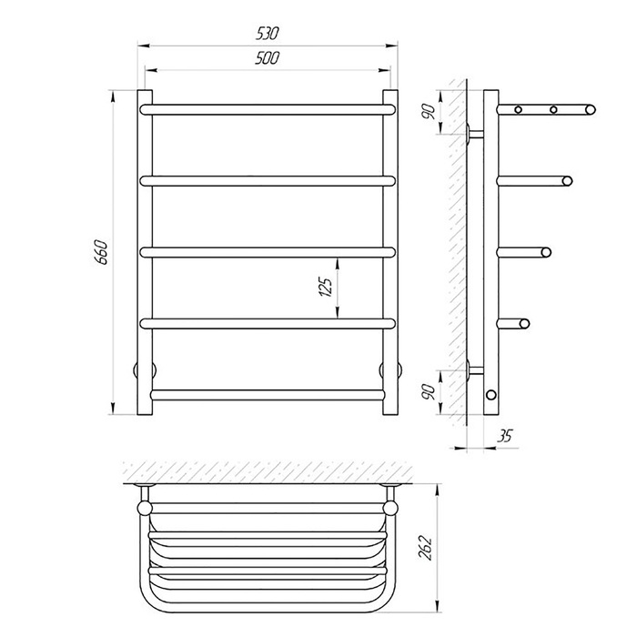 Полотенцесушитель электрический с полкой "Ларис Стандарт" П5, 500х660 мм, 186 Вт, правый