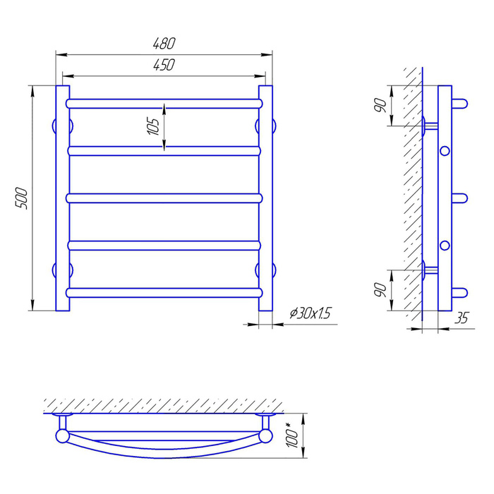 Полотенцесушитель электрический "Ларис Микс" П5, 450х500 мм, 72 Вт, левый