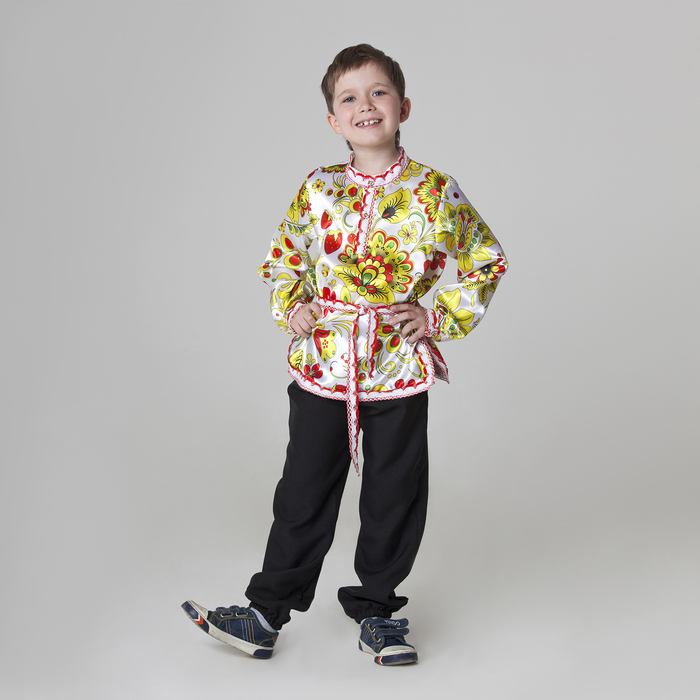 Карнавальная русская рубаха"Хохлома белая"атлас,р-р34 рост 140