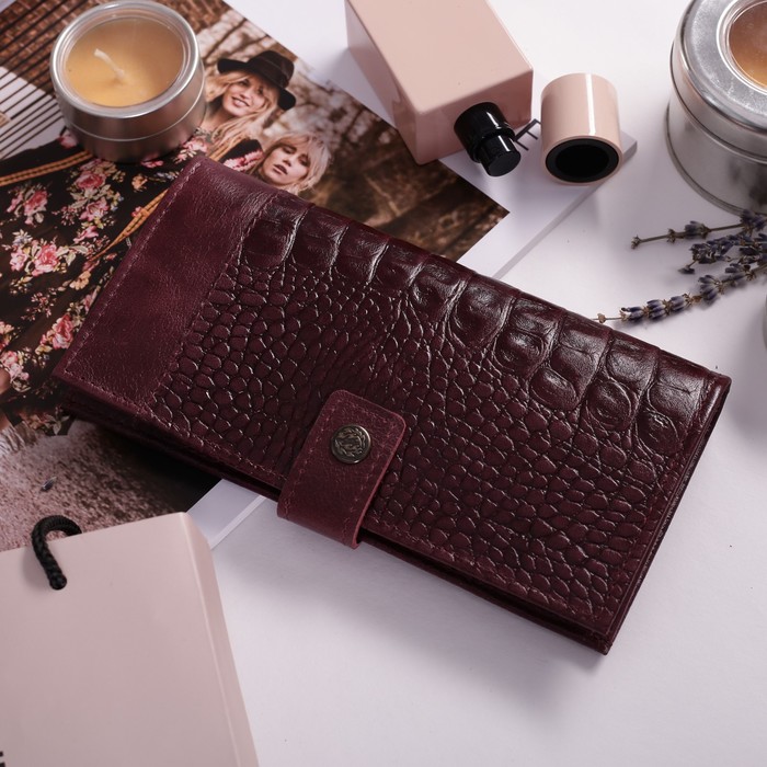 Кошелёк женский, 2 отдела, для карт, для монет, кайман/пулап, цвет бордовый