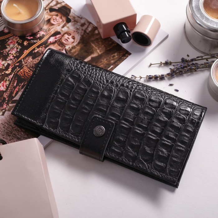 Кошелёк мужской, 2 отдела, для карт, для монет, крокодил, цвет чёрный/чёрный матовый