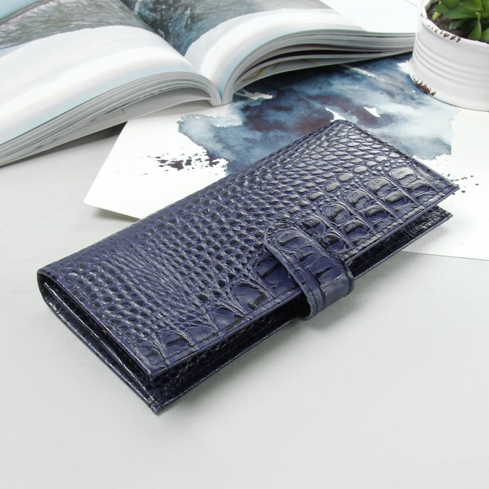 Кошелёк женский, отдел, для карт, для монет, крокодил, цвет сине-фиолетовый