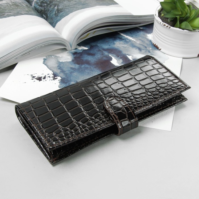 Кошелёк мужской, отдел, для карт, для монет, крокодил тёмно-коричневый