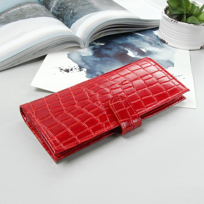 Кошелёк женский, отдел, для карт, для монет, крокодил, цвет алый