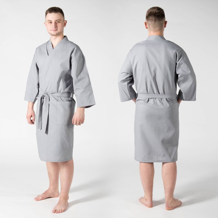 Халат вафельный мужской "Экономь и Я" рукав 3/4 цвет серый размер 48, хл 100%, 200 г/м²