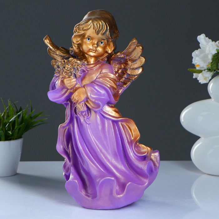 Фигура "Ангел в платье  с букетом" сиреневый  25 × 35 × 20 см бронза