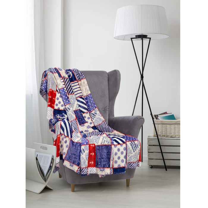 Плед велсофт  "Пэчворк морской" 200х200 см, 280 г/м2, 100% п/э