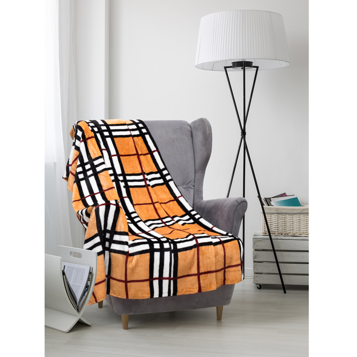 Плед велсофт  "Клетка" 200х200 см, коричневый,280 г/м2, 100% п/э