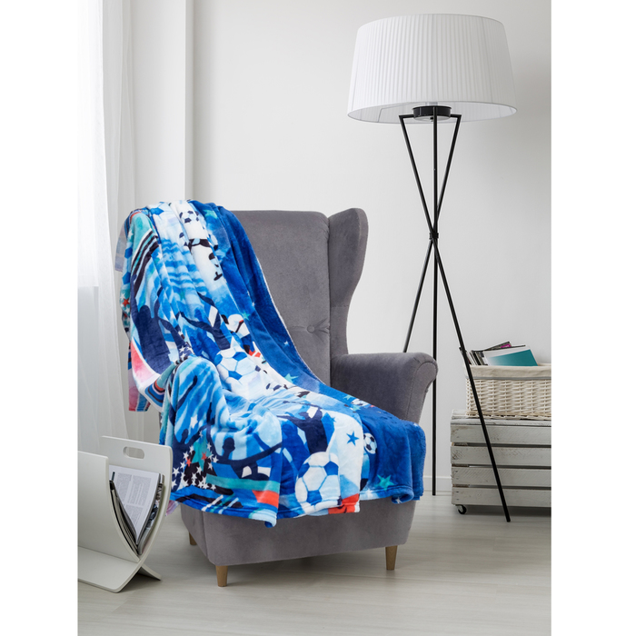 Плед велсофт  "Футбол" 200х200 см, синий, 280 г/м2, 100% п/э