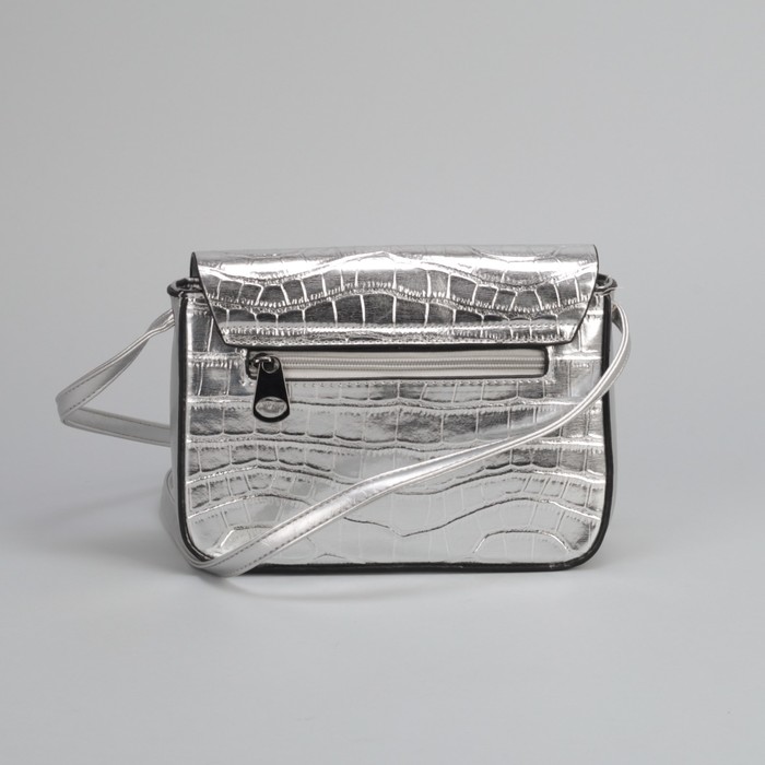 Сумка женская, отдел на молнии, наружный карман, длинный ремень, цвет серебристый