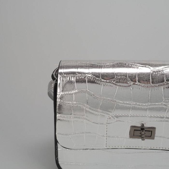 Сумка женская, отдел на молнии, наружный карман, длинный ремень, цвет серебристый