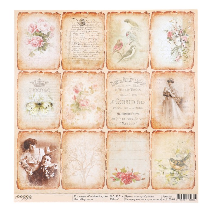 Бумага для скрапбукинга "Карточки "Семейный архив" 30,5 х 30,5 см, 190гр/м2